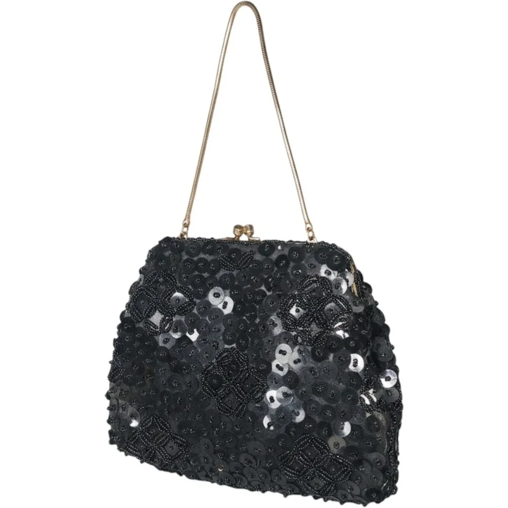 Vintage Black Beaded Sequin Evening Clutch‎ Bag Gold Tone Kiss Lock Hong Kong